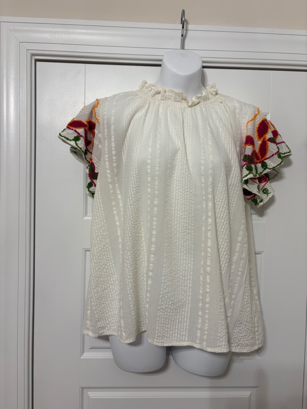 THML Cream Flutter Sleeve Tunic with Multicolor Floral Embroidery